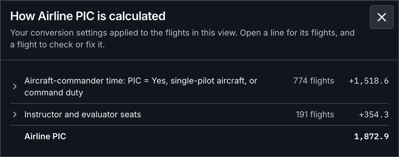 How Airline PIC is calculated: aircraft-commander time from 774 flights plus instructor and evaluator seats from 191 flights
