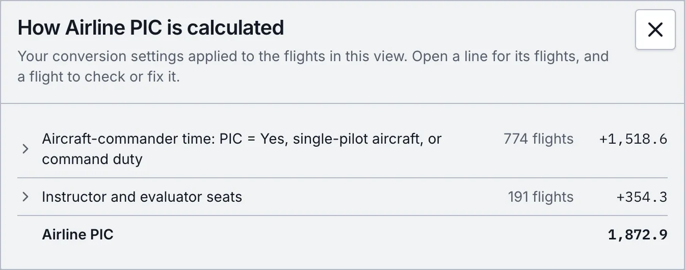 How Airline PIC is calculated: aircraft-commander time from 774 flights plus instructor and evaluator seats from 191 flights