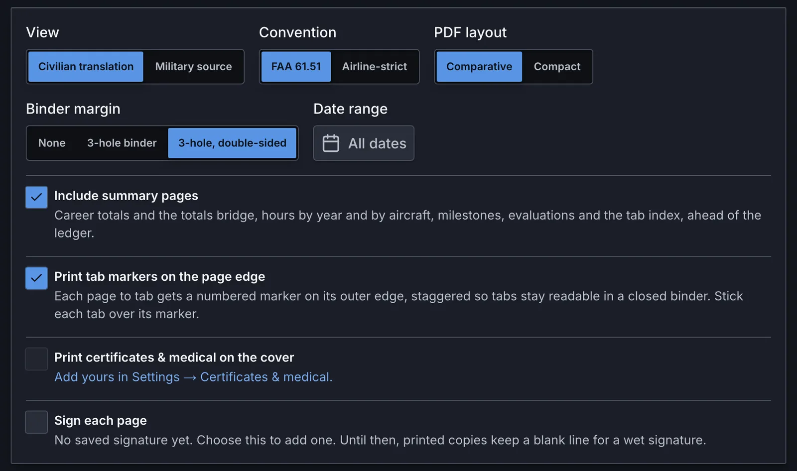 Logbook ledger export options: view, convention, PDF layout, a 3-hole double-sided binder margin, summary pages and tab markers