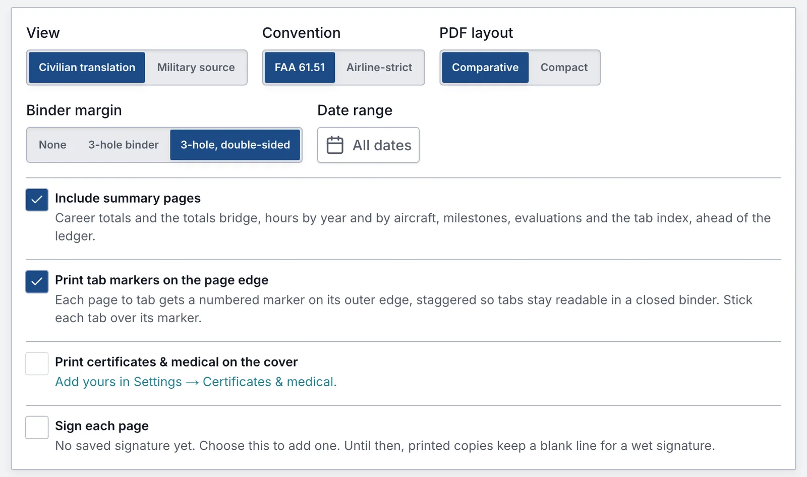 Logbook ledger export options: view, convention, PDF layout, a 3-hole double-sided binder margin, summary pages and tab markers