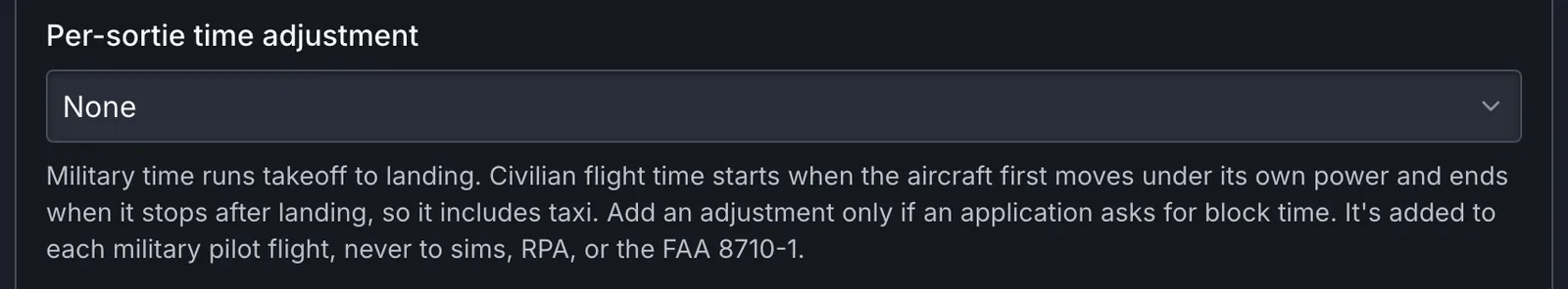 The per-sortie time adjustment setting, set to None, with its explanation of military and civilian flight time