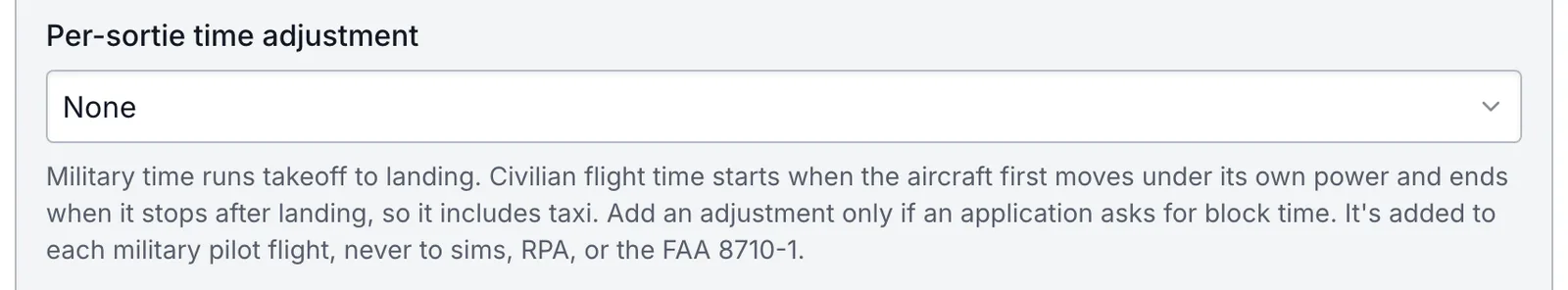 The per-sortie time adjustment setting, set to None, with its explanation of military and civilian flight time