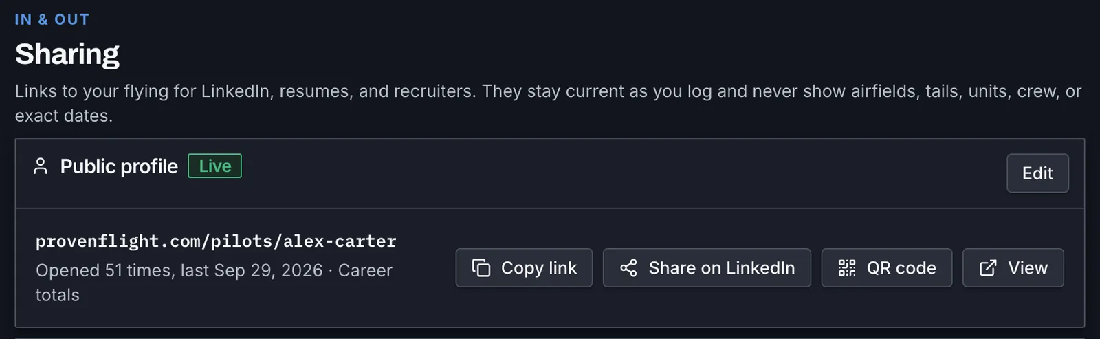 The Sharing page with the public profile link, its view count, and buttons to copy it, share it on LinkedIn, or show a QR code