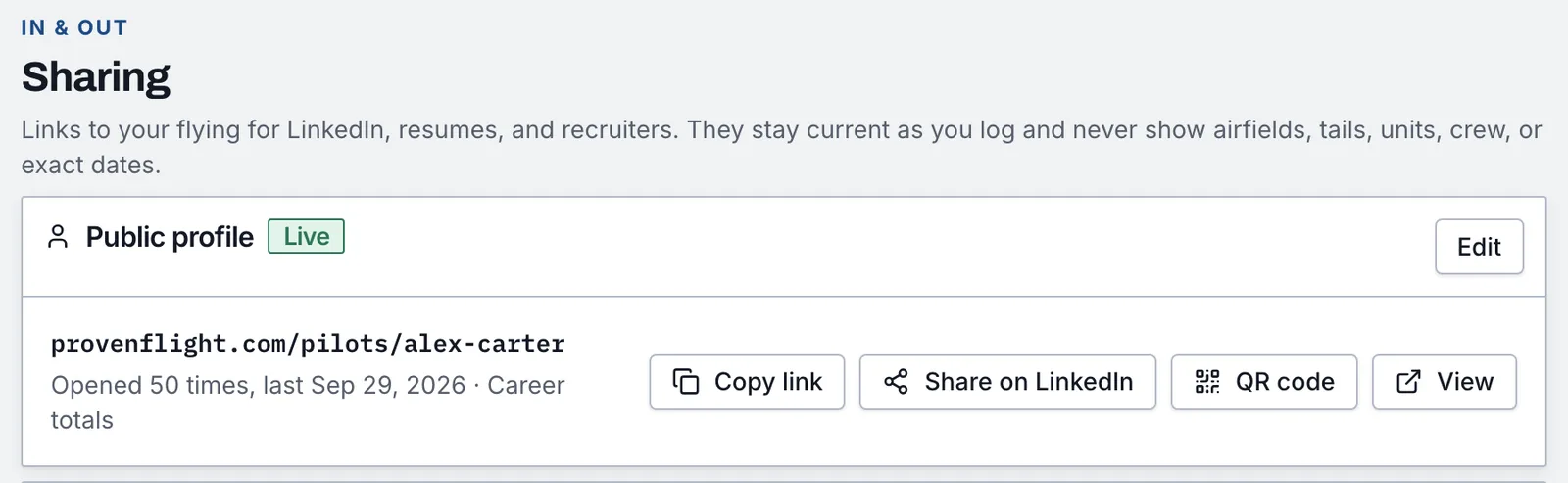 The Sharing page with the public profile link, its view count, and buttons to copy it, share it on LinkedIn, or show a QR code