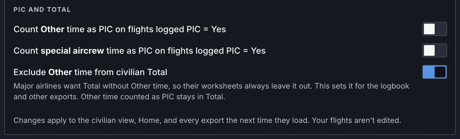Conversion settings for PIC and Total, with Exclude Other time from civilian Total turned on