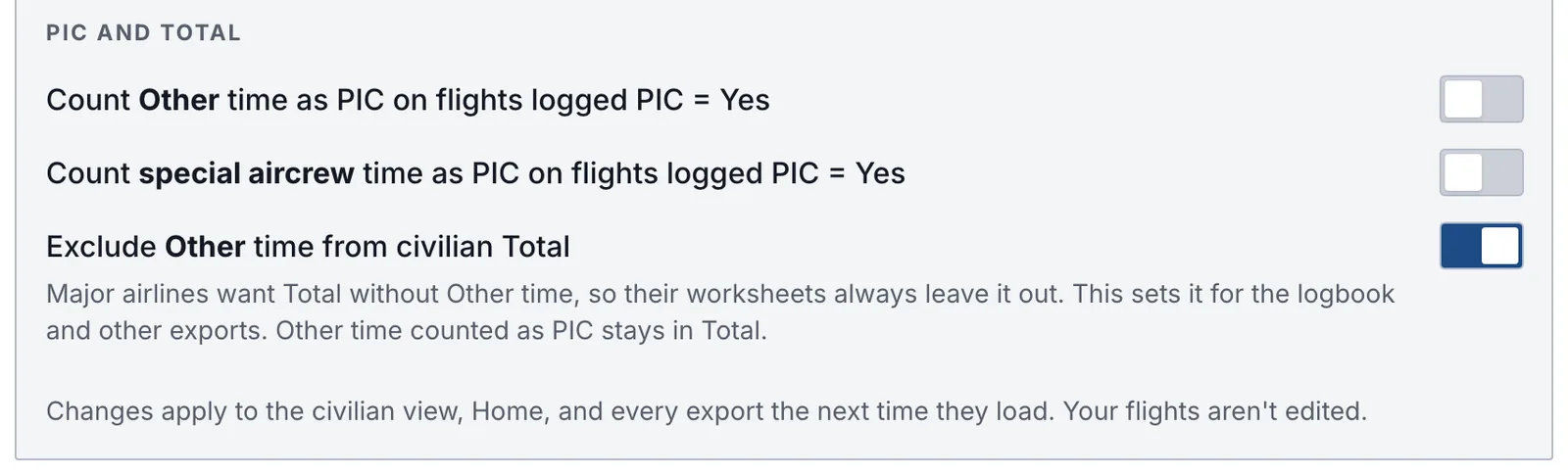 Conversion settings for PIC and Total, with Exclude Other time from civilian Total turned on