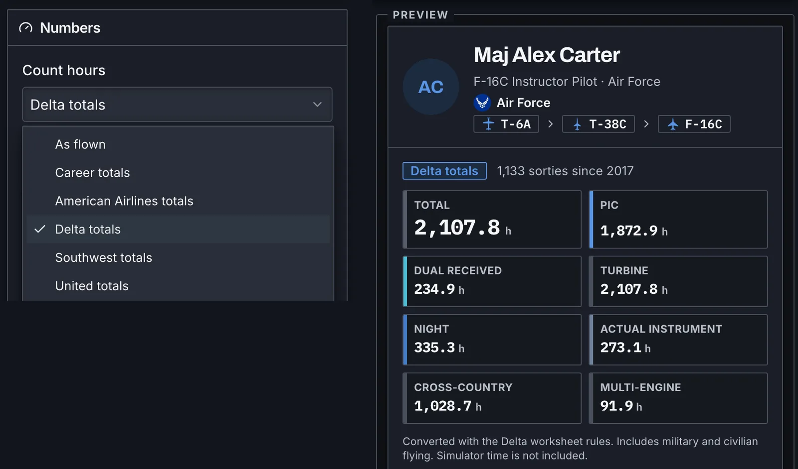 The Count hours menu in the link editor set to Delta totals, next to a preview of the page with Delta totals
