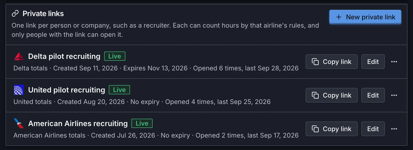 Three private links on the Sharing page, each with its airline's mark, counting rules, created date, expiry and view count