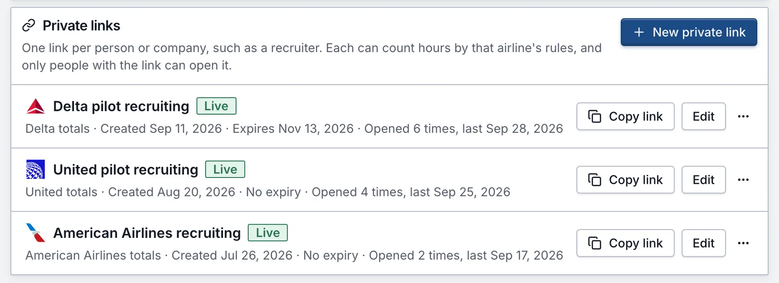 Three private links on the Sharing page, each with its airline's mark, counting rules, created date, expiry and view count